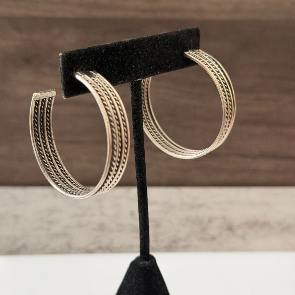 .925 Sterling Silver Braided 3/8" Wide Hoop Earrings 1.5" Pierced 16 grams TW